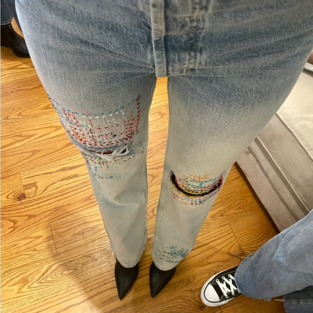Topshop Light Wash Straight Leg Jeans with Multicolor Embroidery